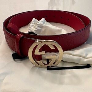 Authentic Gucci Red Leather Belt with Gold Buckle